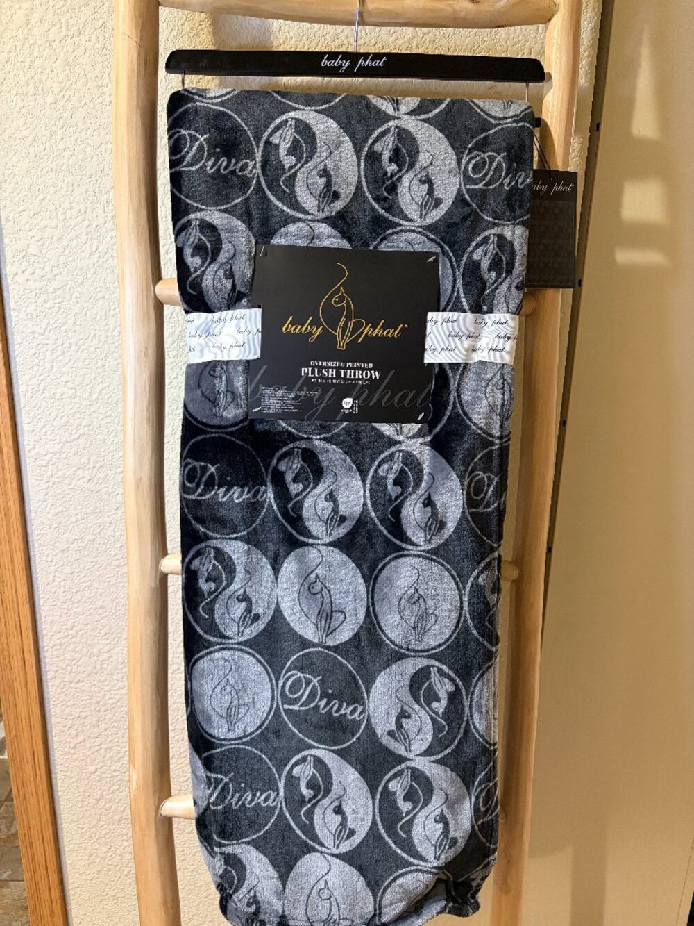 Baby Phat Diva Logo Black Gray Oversized Plush Throw Blanket 60x70 NWT